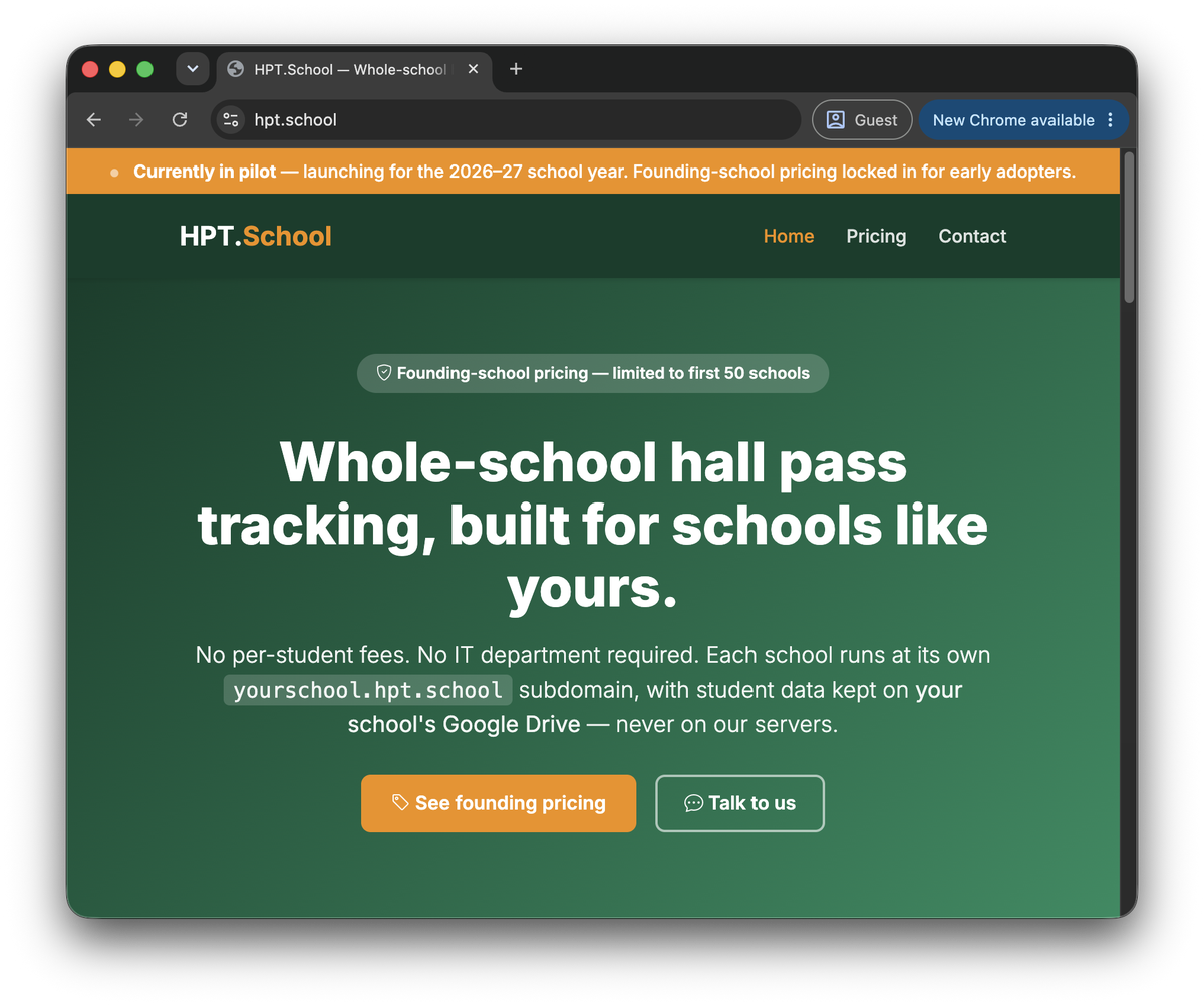 Screenshot of the HPT.School whole-school hall pass site